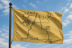 Bandeira amarela com o desenho América Invertida, de Torres García, mostrando a América do Sul de cabeça para baixo