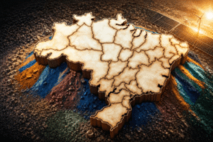 Mapa do Brasil sobre pós minerais coloridos que representam as terras raras, com energia solar e eólica ao fundo